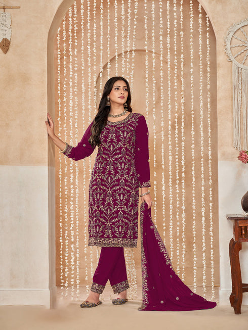 Burgundy Faux Georgette Pant Suit Acy9459 Back View